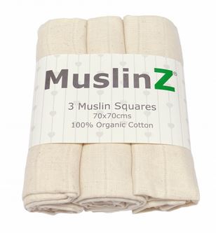 100% organic cotton muslin squares x 3 by Muslinz 70x70cm